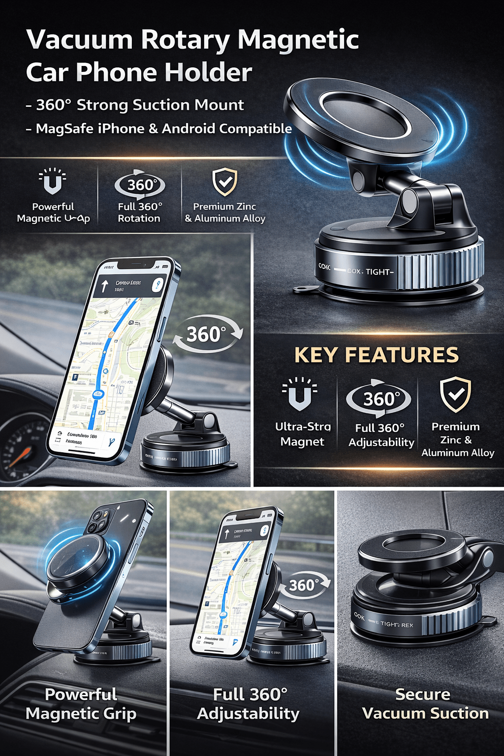 Vacuum Rotary Magnetic Car Phone Holder – 360° Strong Suction Mount - BedoNiz Store
