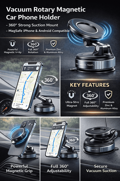 Vacuum Rotary Magnetic Car Phone Holder – 360° Strong Suction Mount - BedoNiz Store