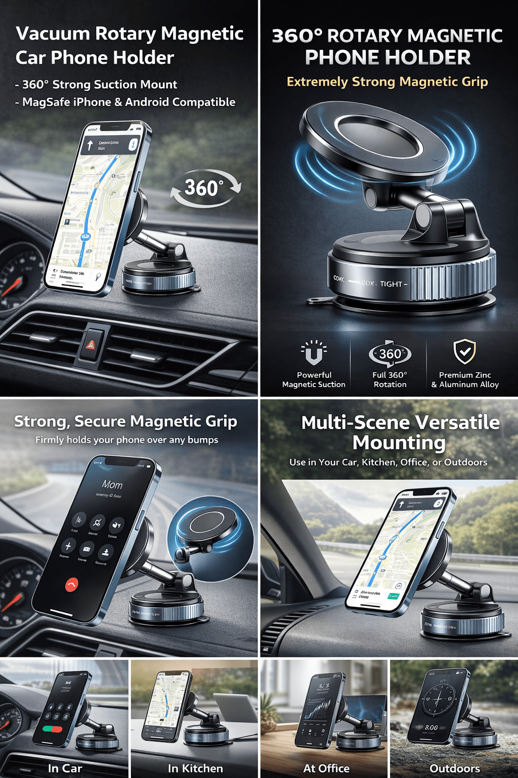 Vacuum Rotary Magnetic Car Phone Holder – 360° Strong Suction Mount - BedoNiz Store